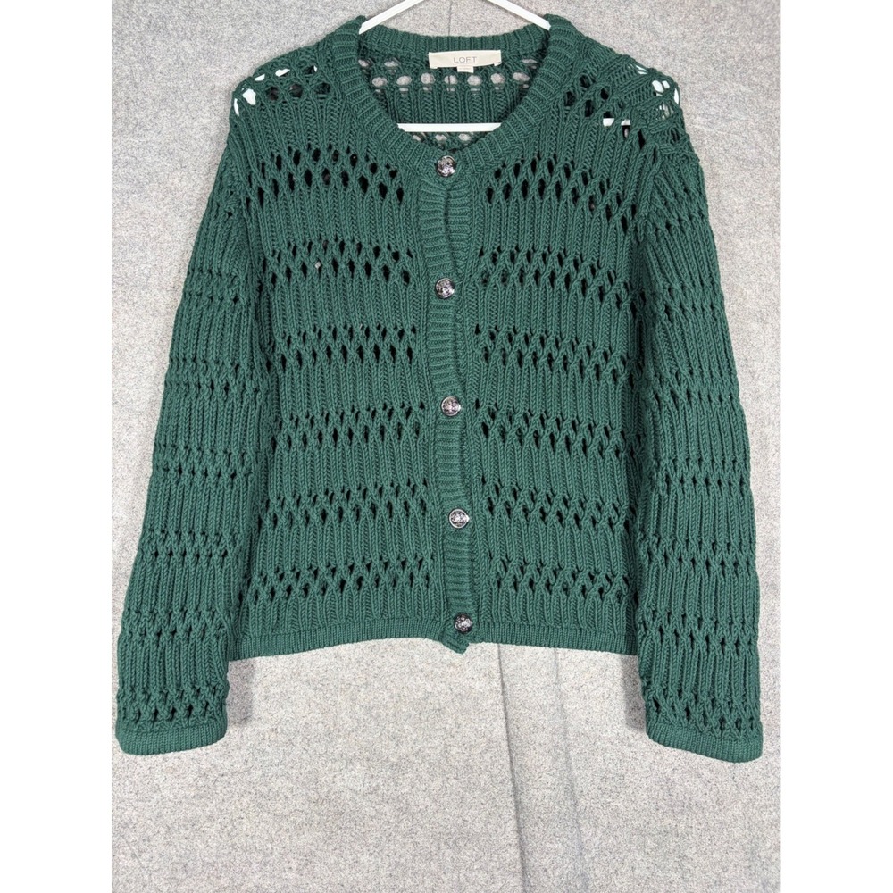 LOFT Green Open Knit Crochet Cardigan Sweater Silver Crest Button Women Large